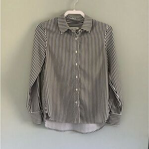Pure Navy Black White Striped Button Front Blouse Size M Classic Collared Shirt